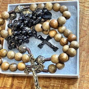 Rosary Bead Jesus Cross Wood Bead Miraculous Medal Vintage lot of 2 18 inch